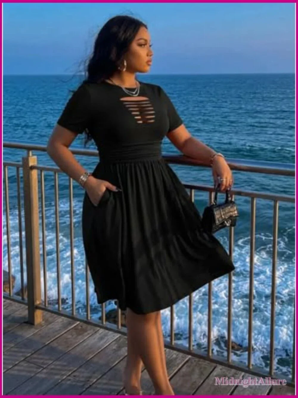 Women's Midi Dress with Pockets Short Sleeve A-Line Summer